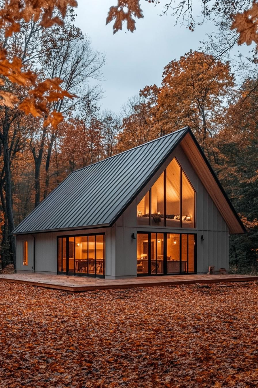 A-frame house with large windows amidst fall foliage