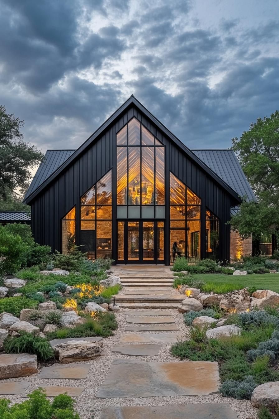 Modern barndominium with large glass facade and lush landscaping