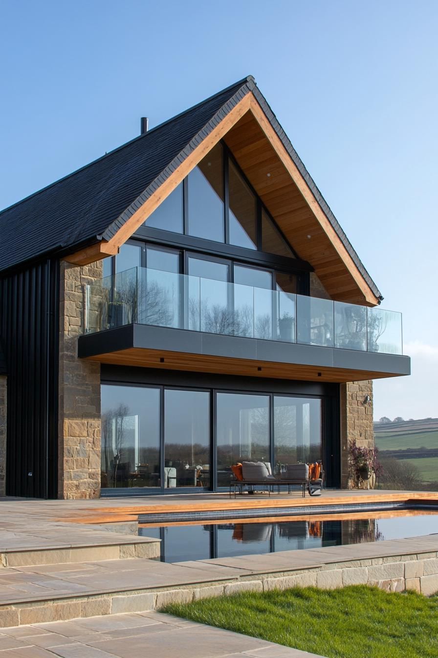 Modern barn house with large glass windows and a pool