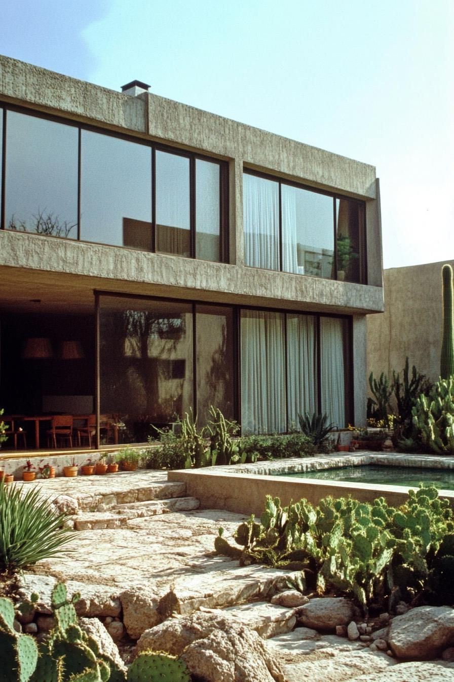 Modern Mexican house with large windows and cacti garden