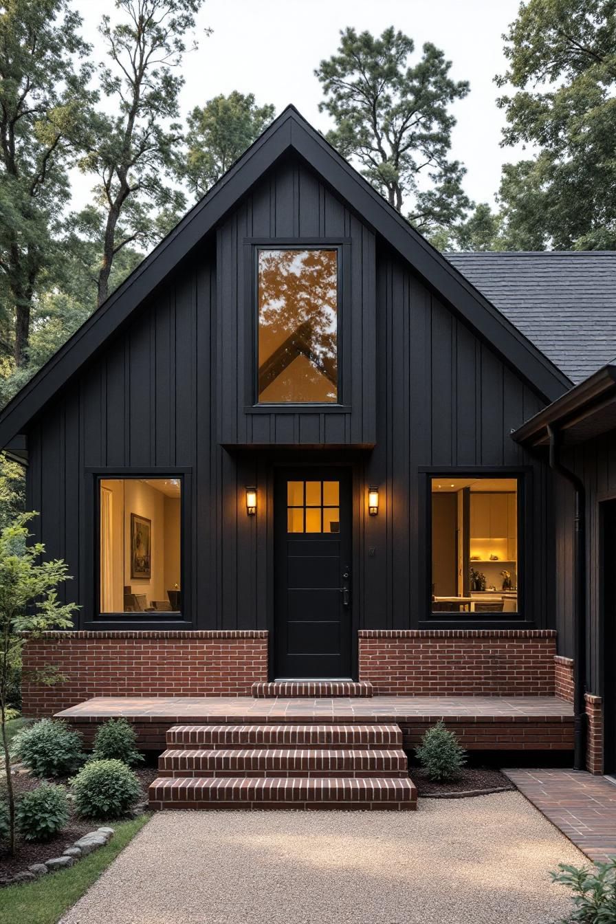 Chic black house with gabled roof and brick accents