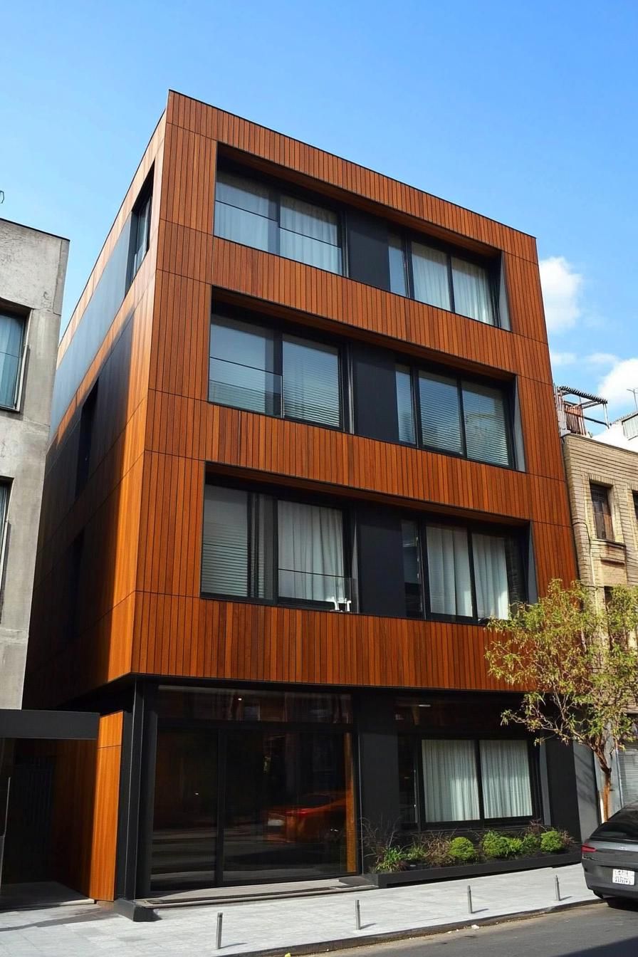 Four-story building with modern wood cladding