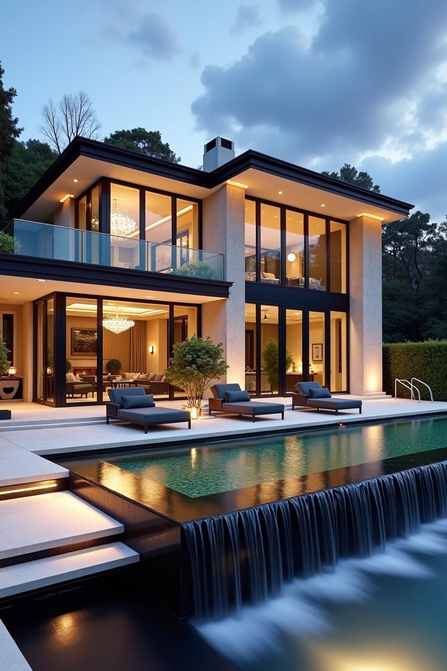 Modern house with floor-to-ceiling windows and waterfall pool