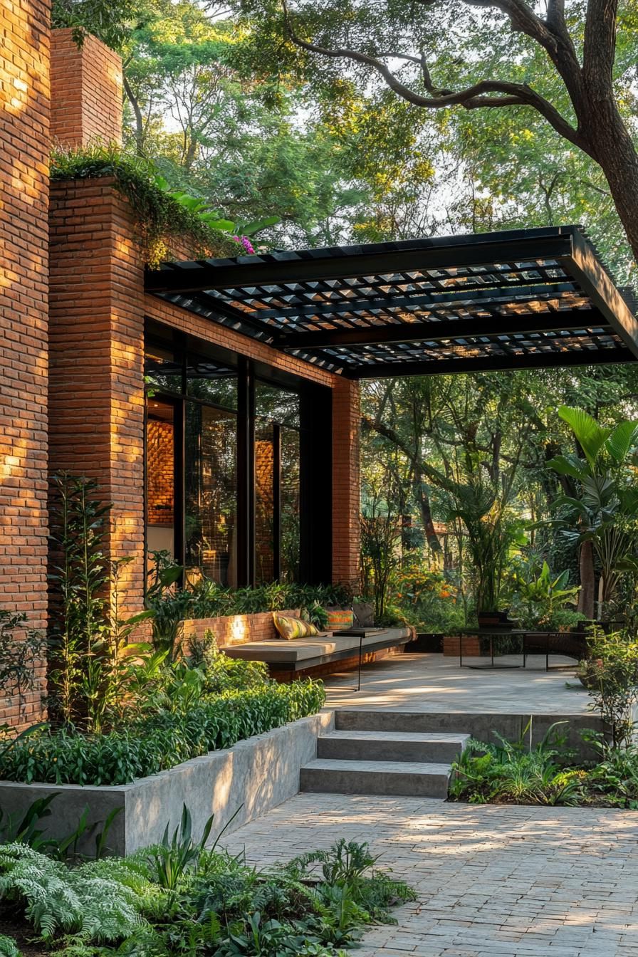 Brick house with a lush garden and metal pergola