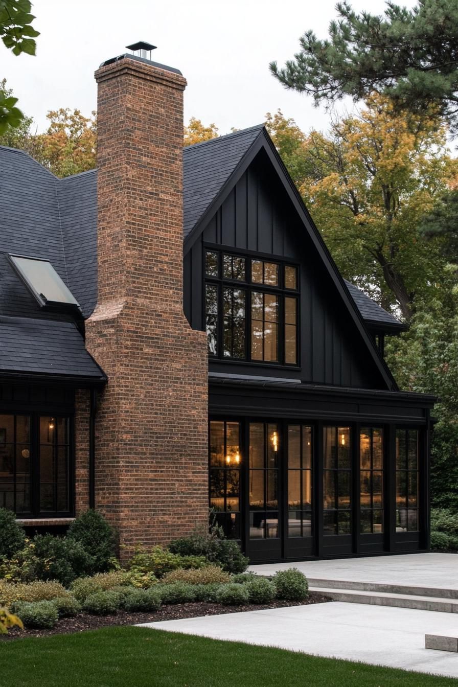 modern dark brick cottage house with black trim multi pitche black roof brick chimney large windows with black trim concrete patio front yard 3