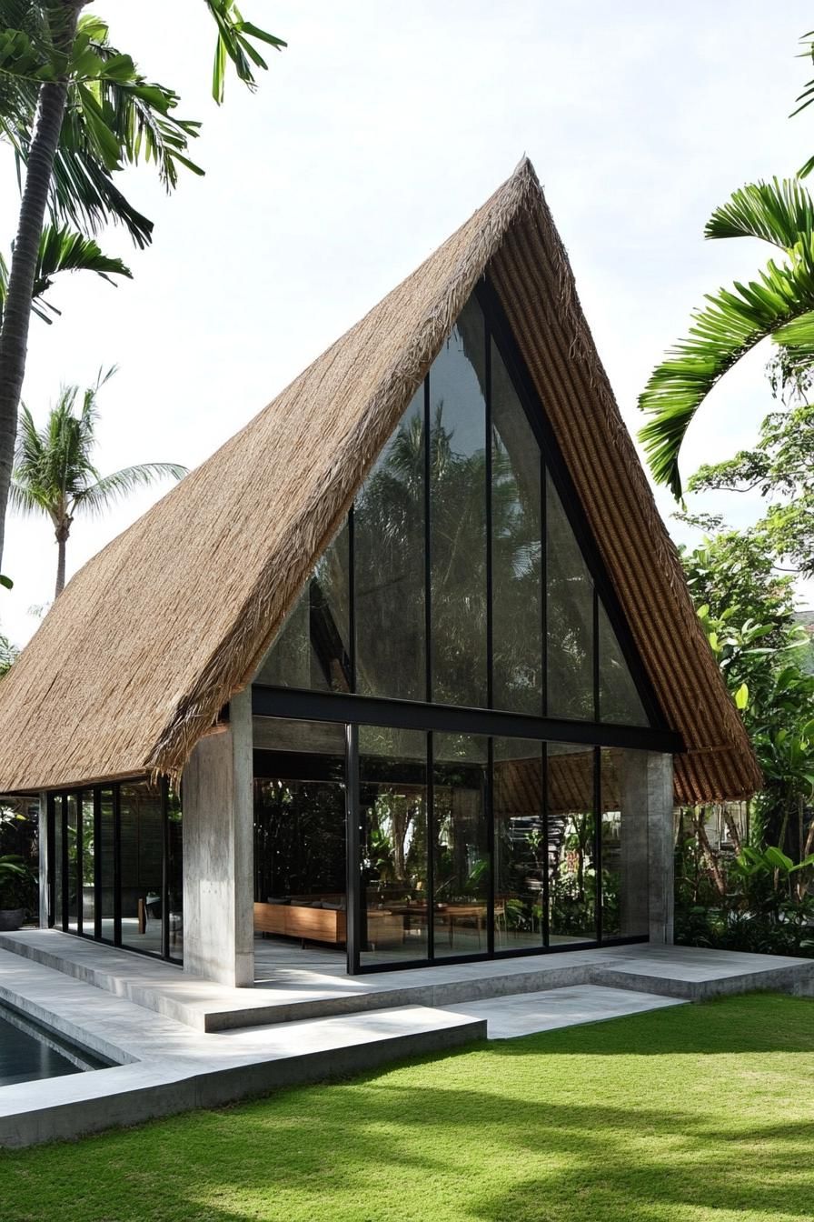 Modern glass and thatch Bali house with lush greenery