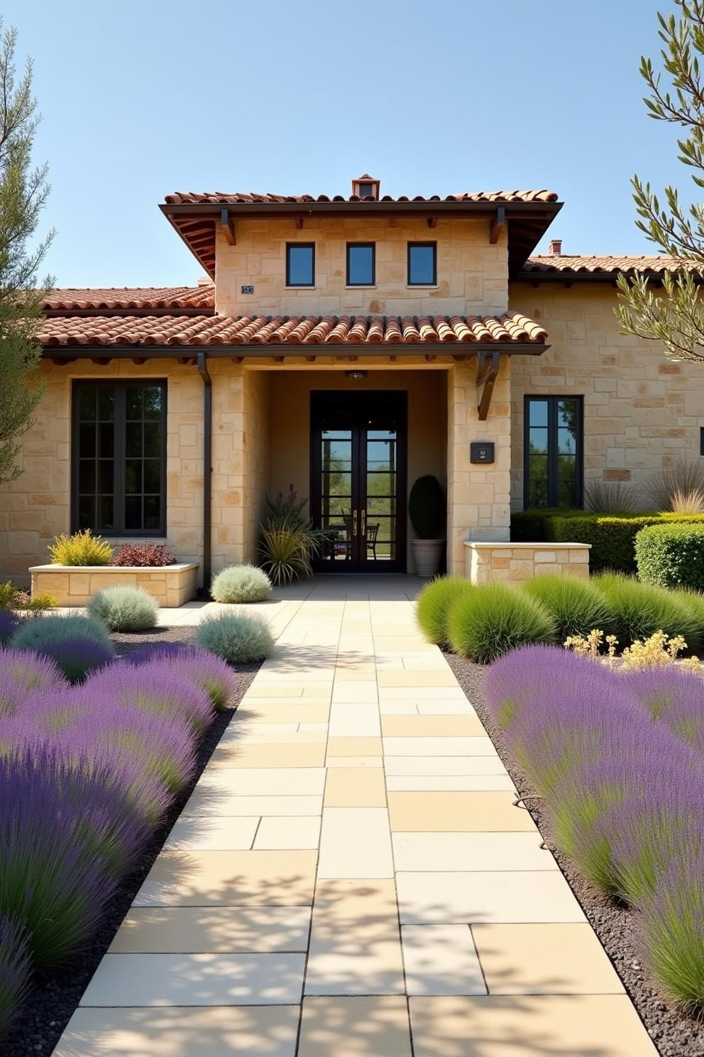 Stone villa facade with a lavender-lined walkway