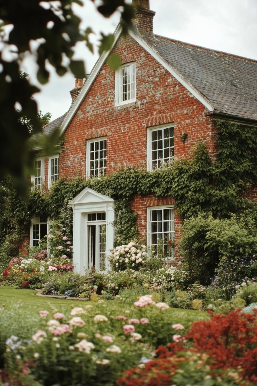 countryside English brick manor house with white windows bay windows vine on facade front yard with native flower garden 3