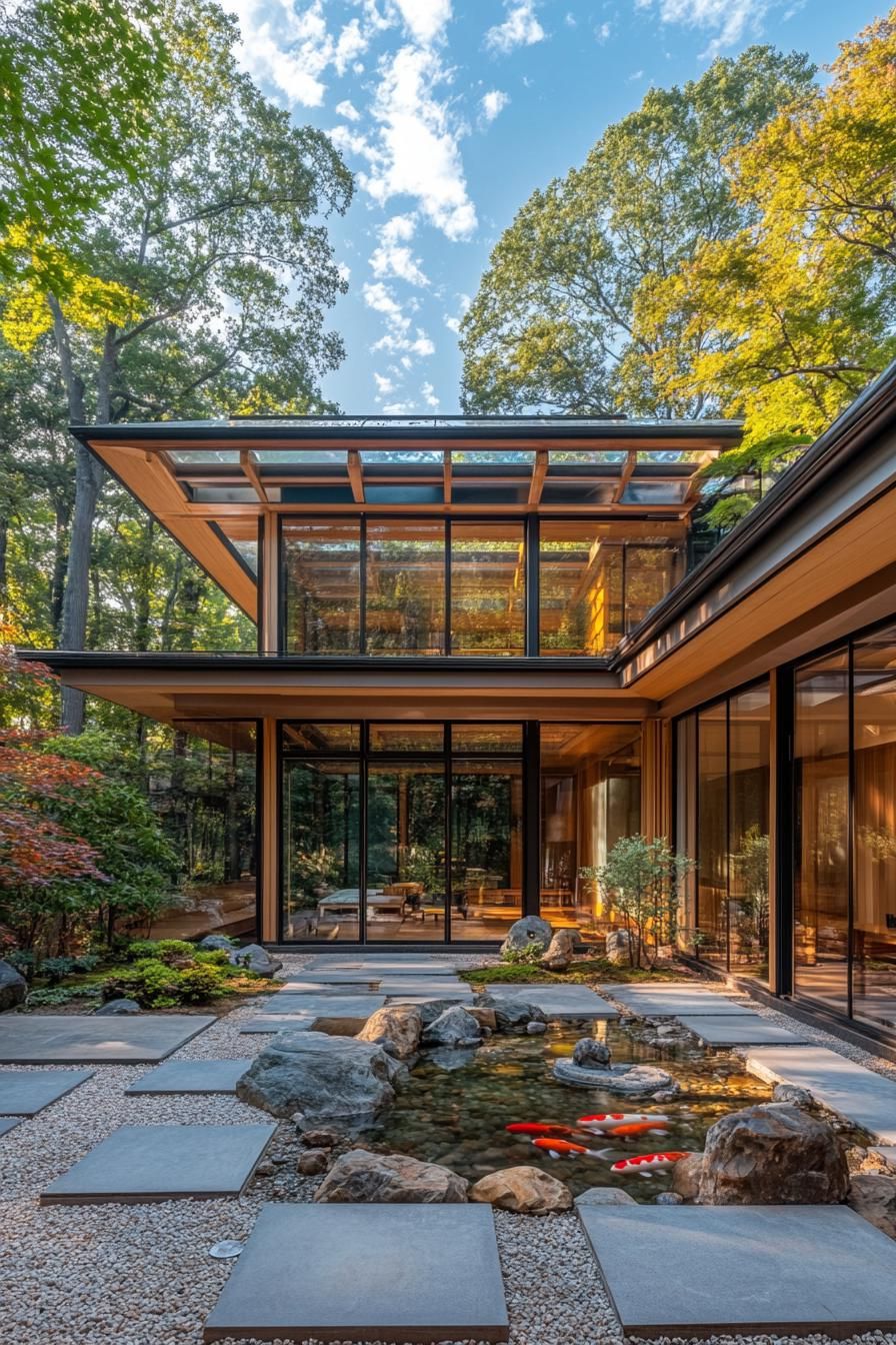 Japanese house with glass walls and koi pond