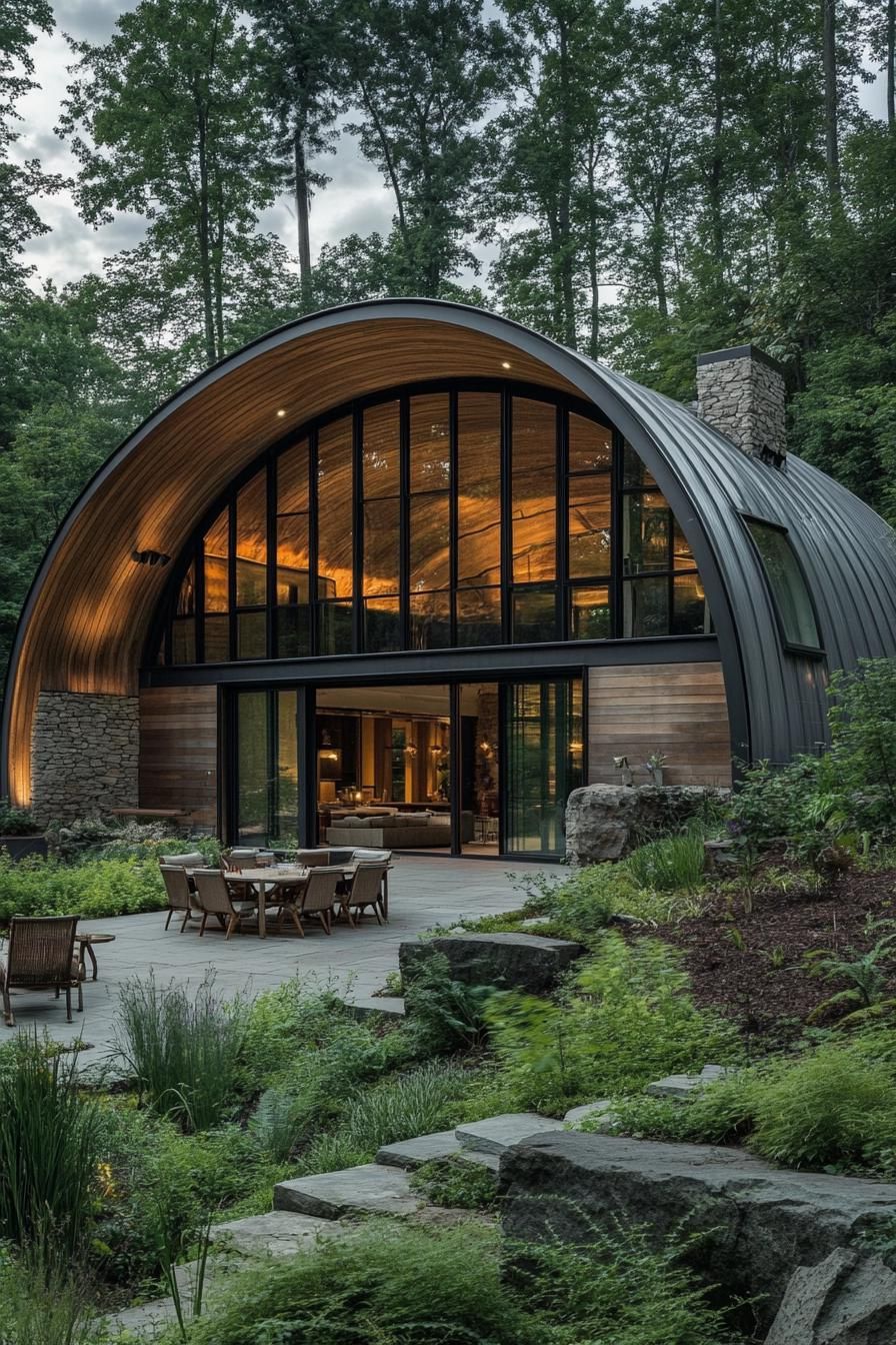 Quonset hut home with a curved roof and large glass windows