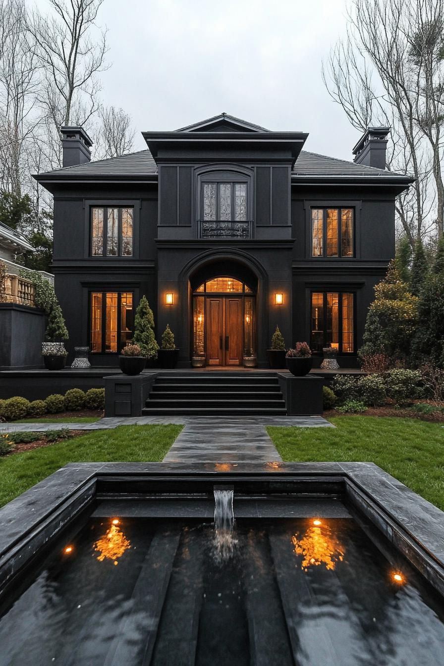 Sleek black house with a reflective water feature and warm lights