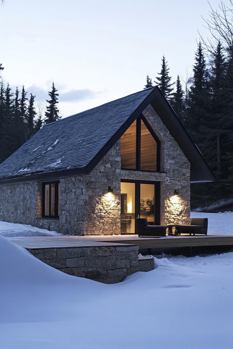 Cozy stone cabin with glowing windows in a snowy forest setting