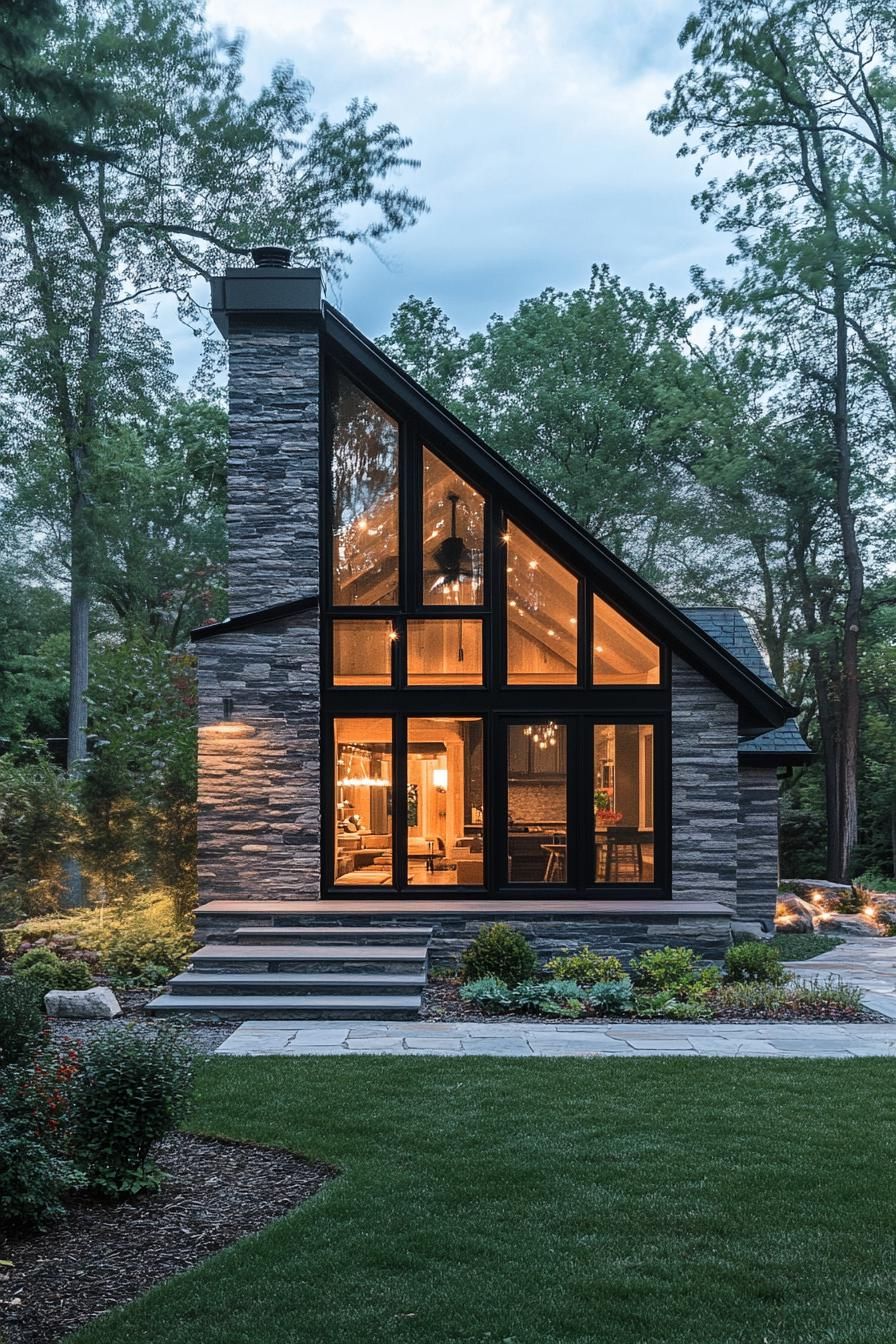 tiny modern luxury cabin with black slate siding black multi pitched roof stone foundations tiny front potch with steps large modern windows 1