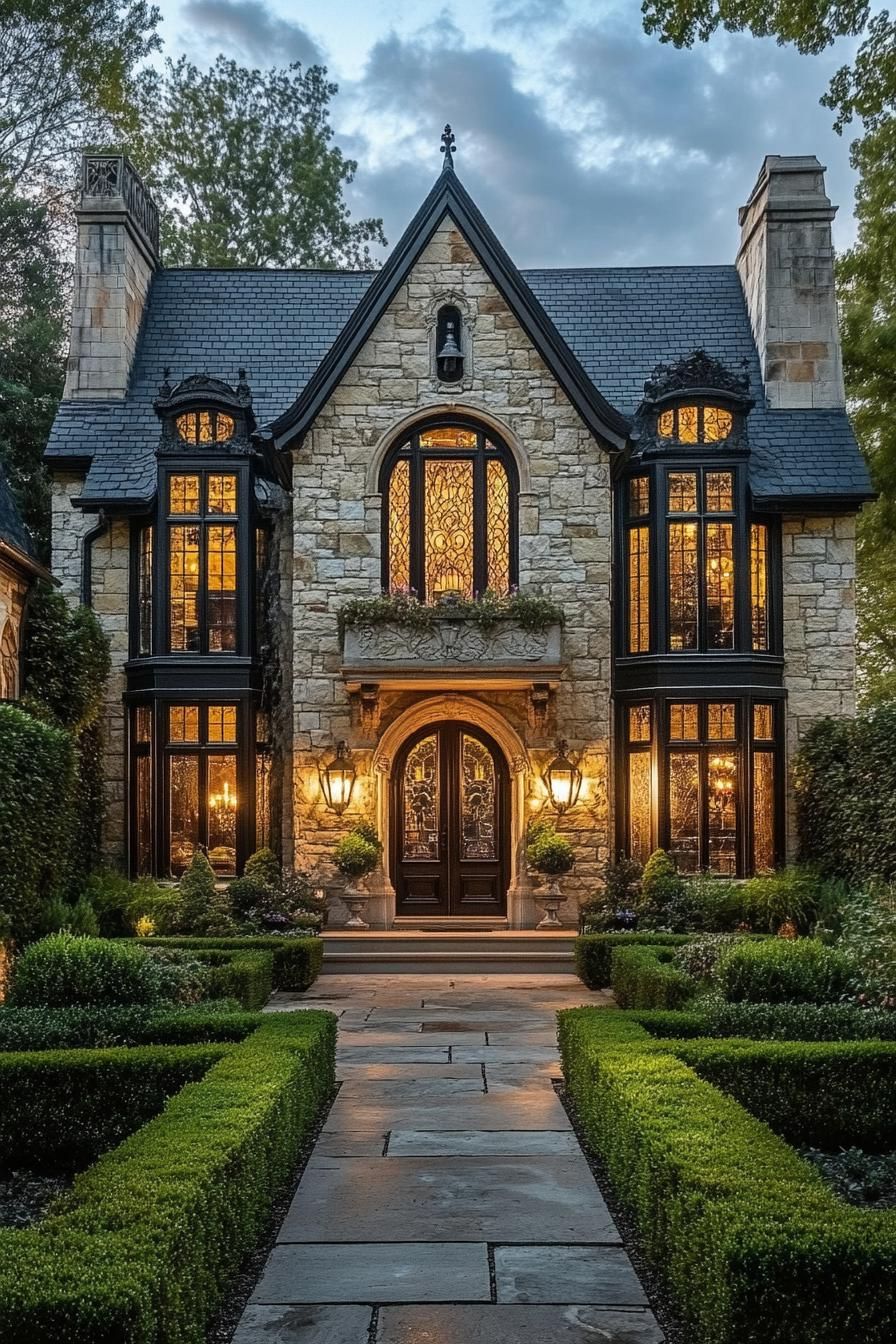 Elegant stone house with warm, glowing lights