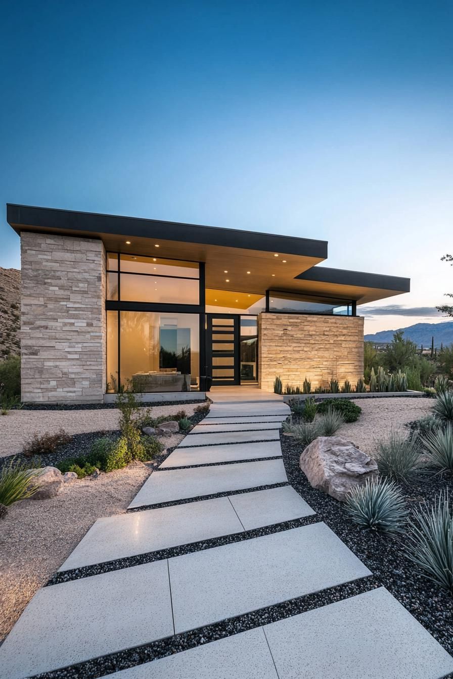 Modern house with large windows and stone walls