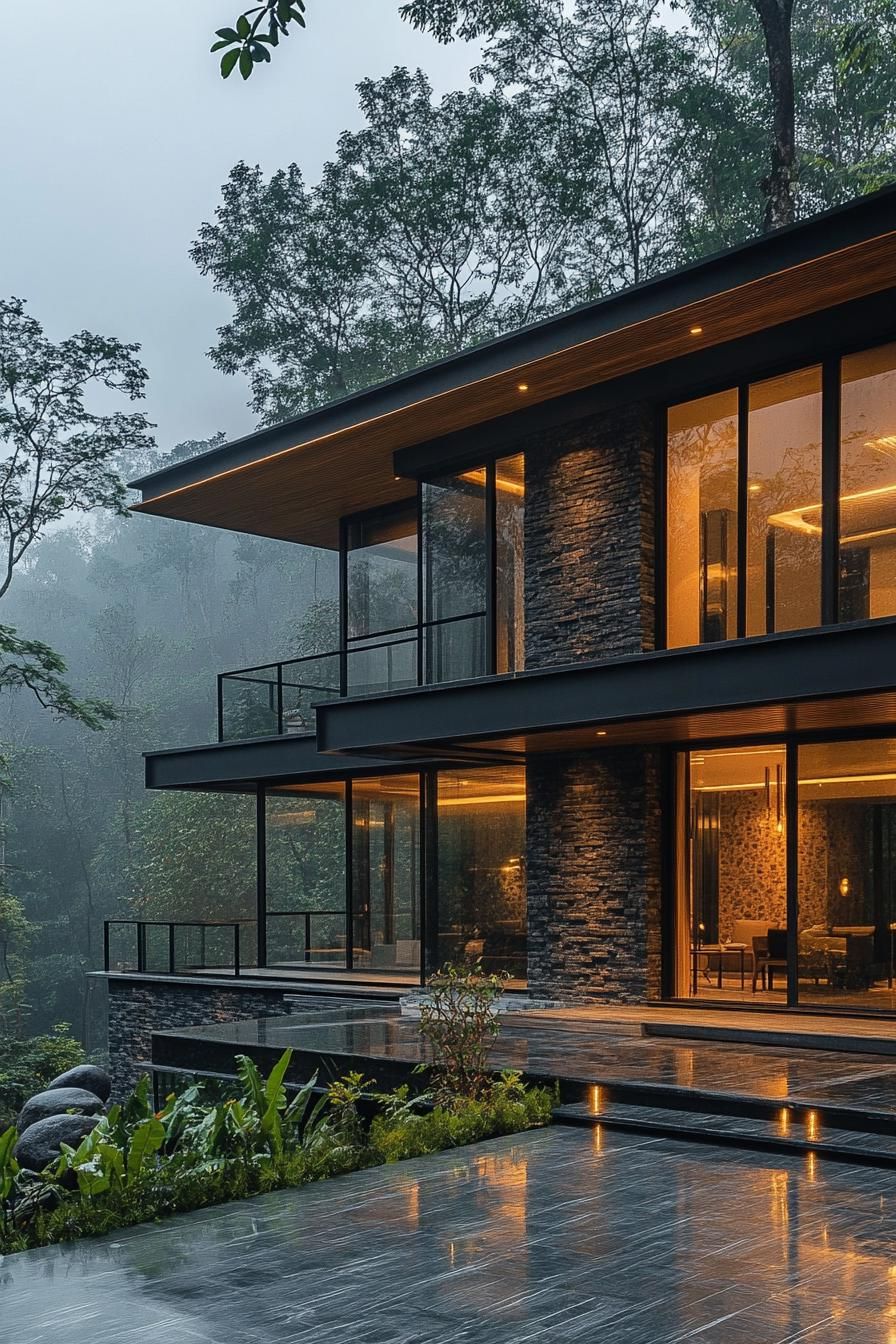 Modern house nestled in a lush forest