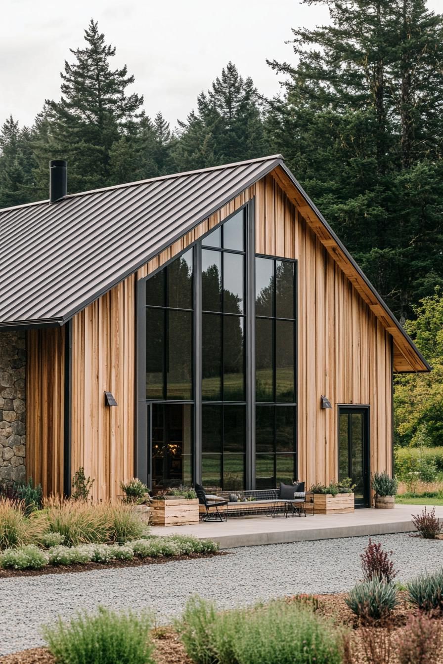 Modern barndominium with large glass windows and wooden exterior