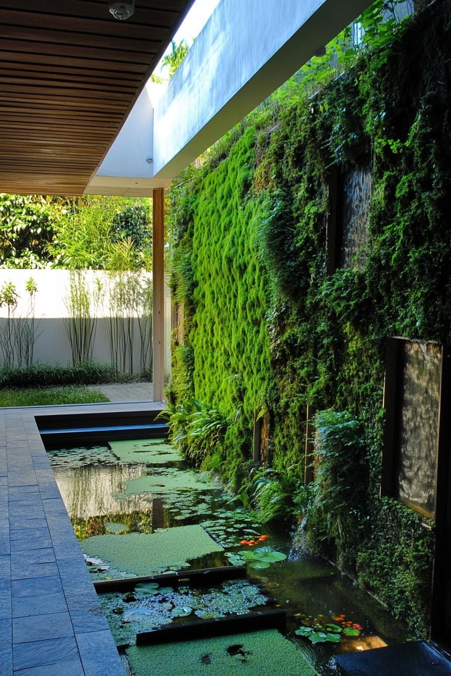 Lush moss-covered wall beside tranquil water feature