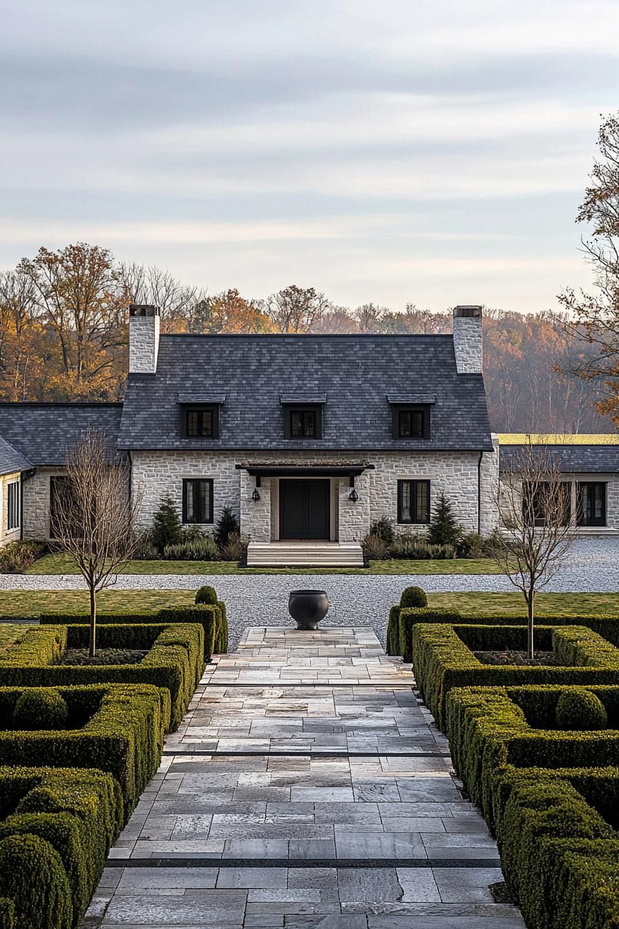 Quaint stone manor with elegant garden path