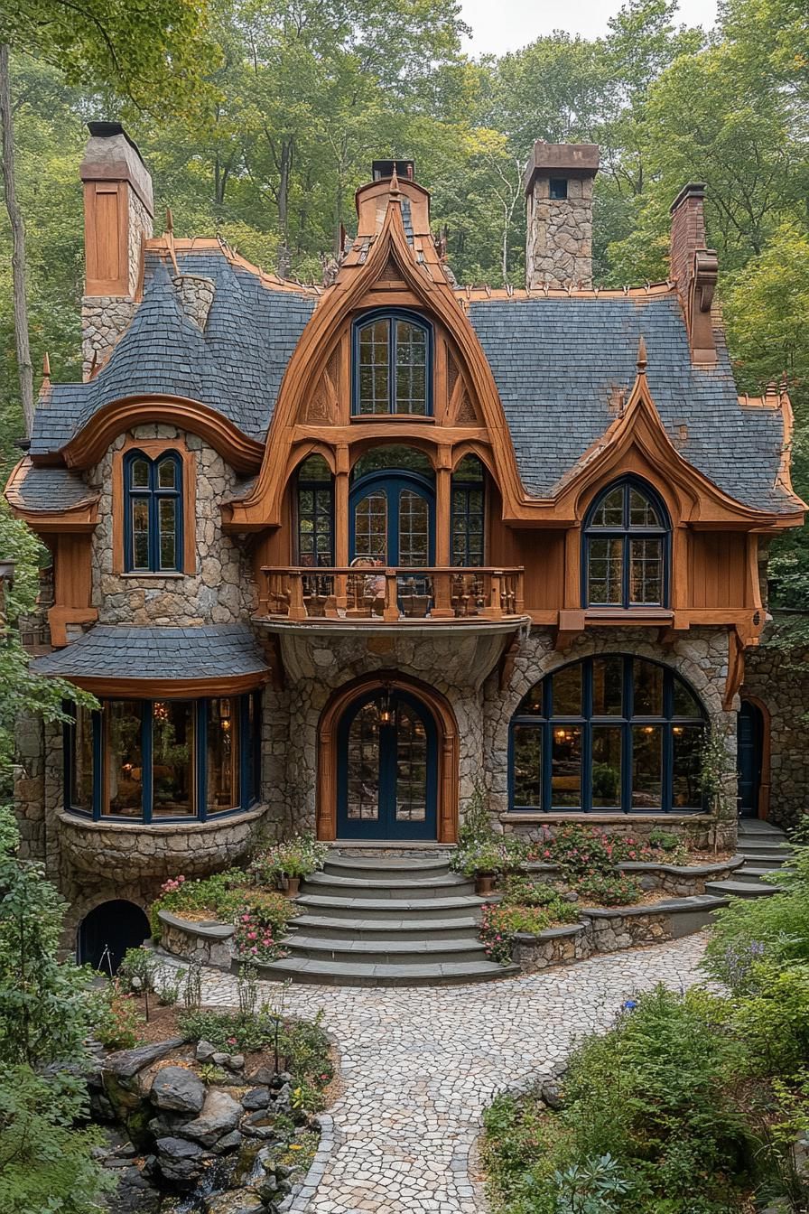 Stone house with curved gables and lush garden path