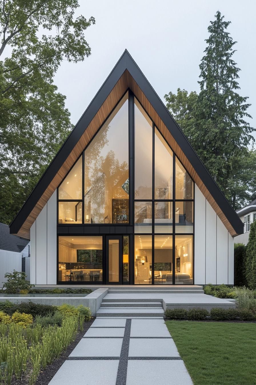 Modern A-frame bungalow amidst forest