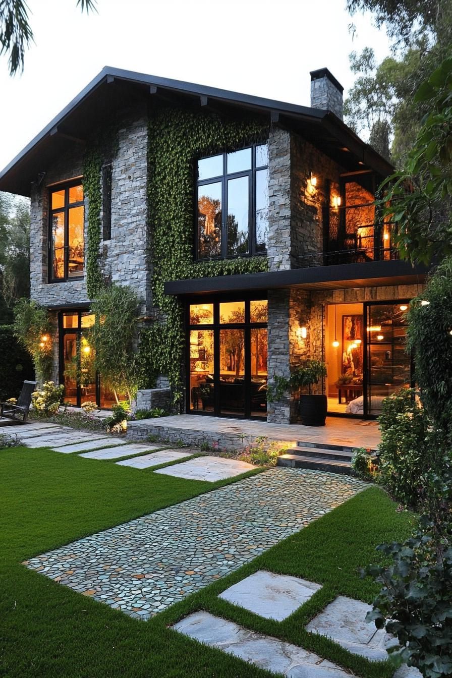 Cozy stone house with large windows and lush ivy