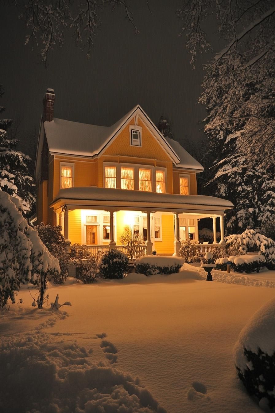 Edwardian style cottage house on winter night yellow siding white trim snow on the multi pitch roof with dormers wraparound porch with columns 2