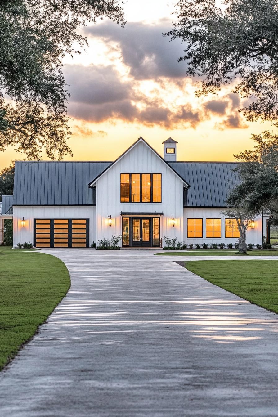 full frontal view of large white shouse barndominium with black roof one side has modern windows and doors the other side has large garage doors