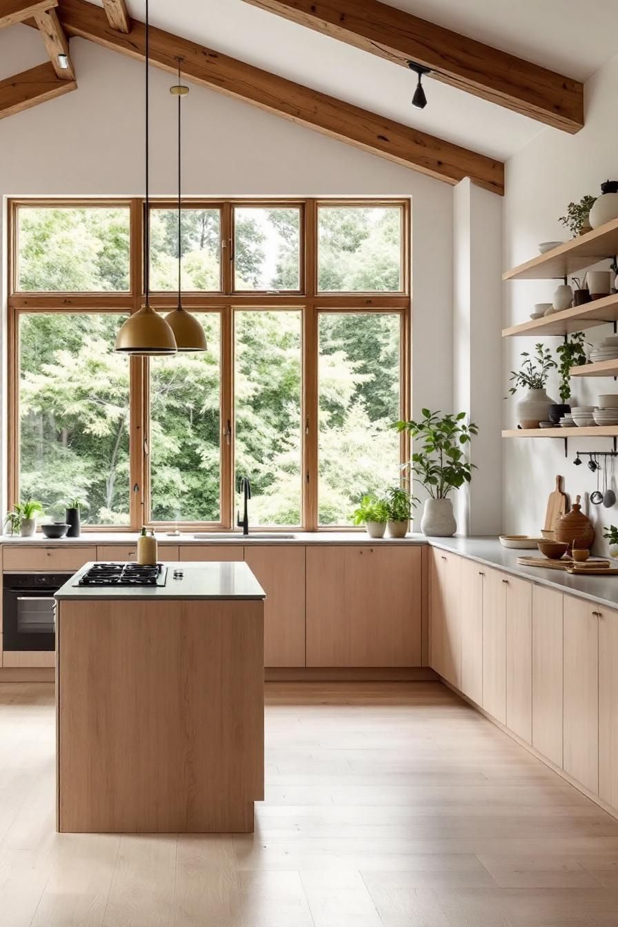 Spacious kitchen with light wood cabinets and large windows