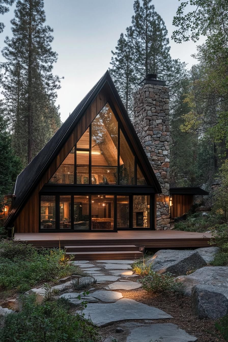 A-frame cabin with floor-to-ceiling windows and stone chimney