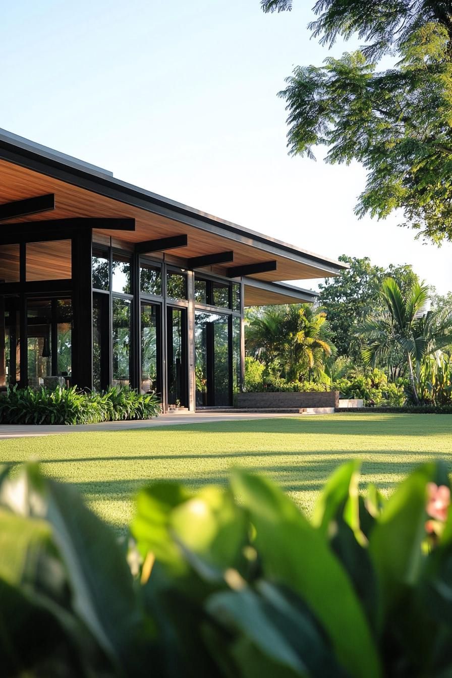 Modern house with glass facade surrounded by lush greenery