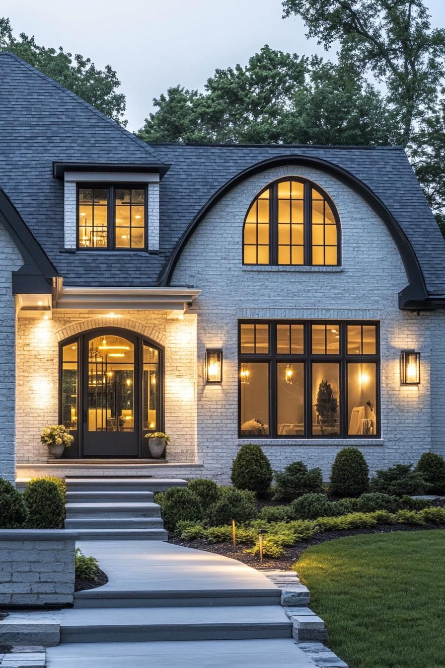 modern cottage with white brick siding stone grey multi pitched roof modern windows with black grim front porch with round columns and steps wall