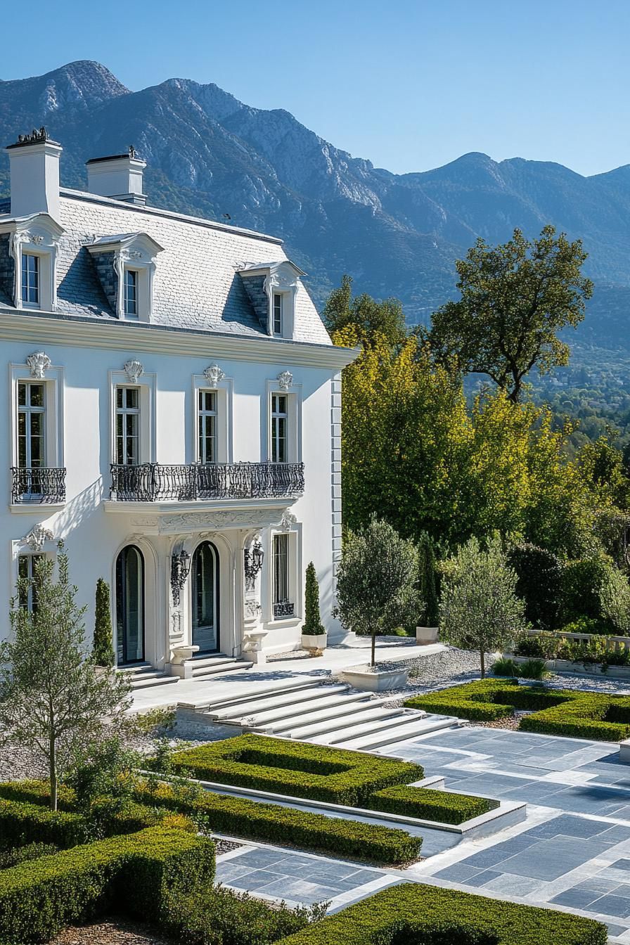 high angle view of French white manor with grey roof facade with detailing large front garden with geometric shrubs and paven paths with steps 1