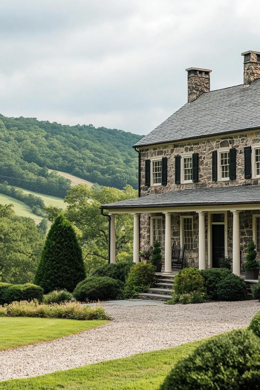 Stone house with porch and mountain view