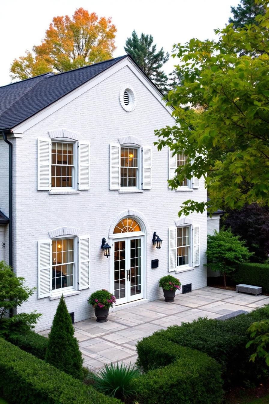 White brick Georgian house with lush greenery