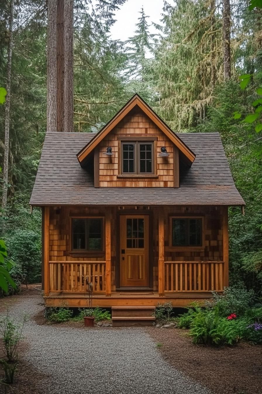 Charming wooden shed house with a gabled roof in a forest setting