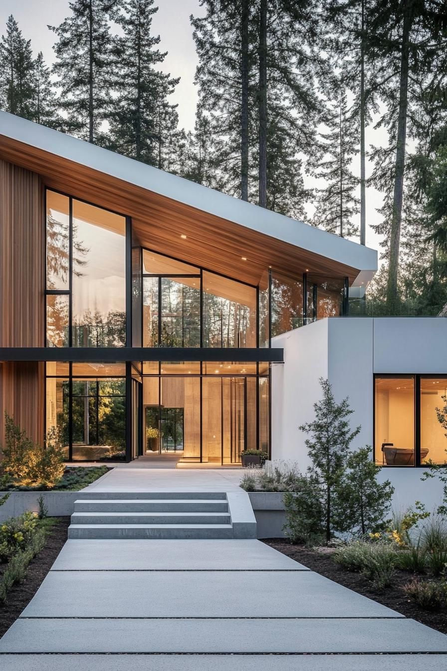 modern blocked villa with white and natural wood siding large geometric windows glass encased entrance landscaping with concrete beds and native 1