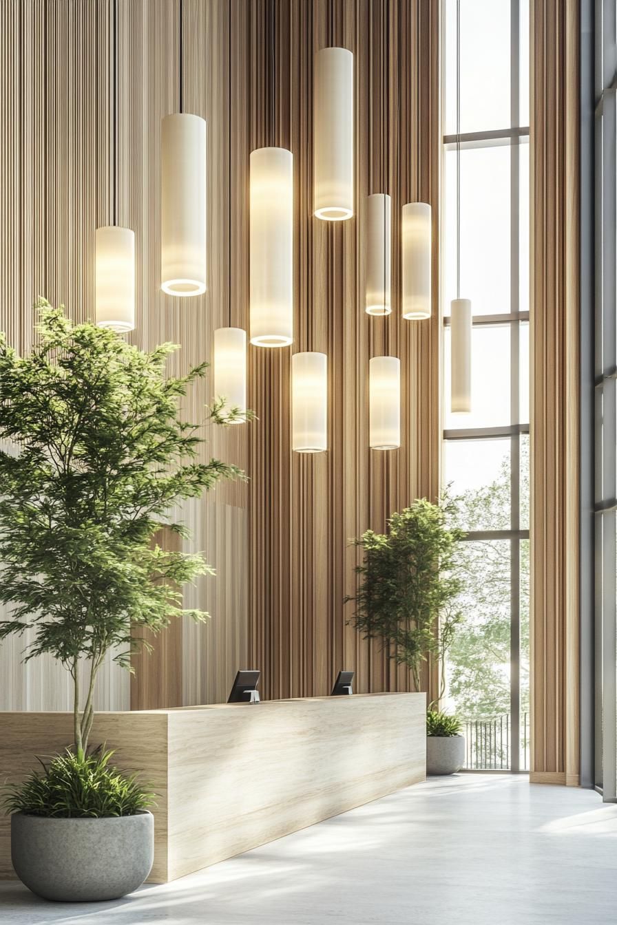 Lobby with wooden accents and hanging lights