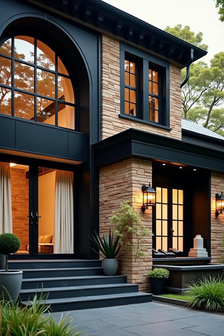 Contemporary black house with stone accents and large windows