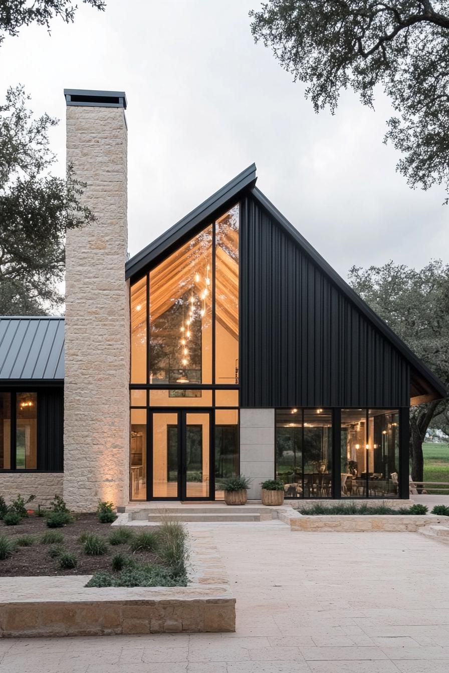 Modern barndominium with large windows and stone chimney