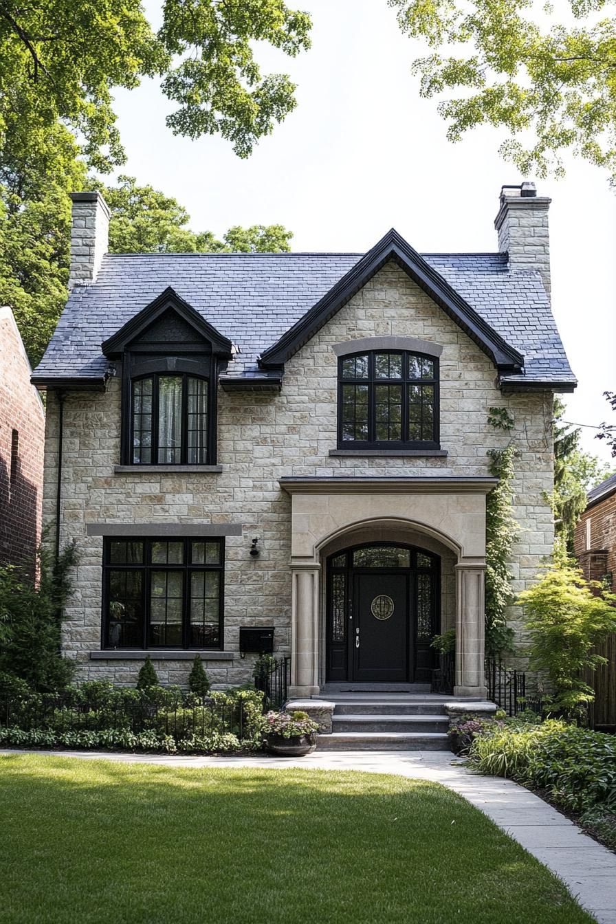 Charming two-story stone house with black accents