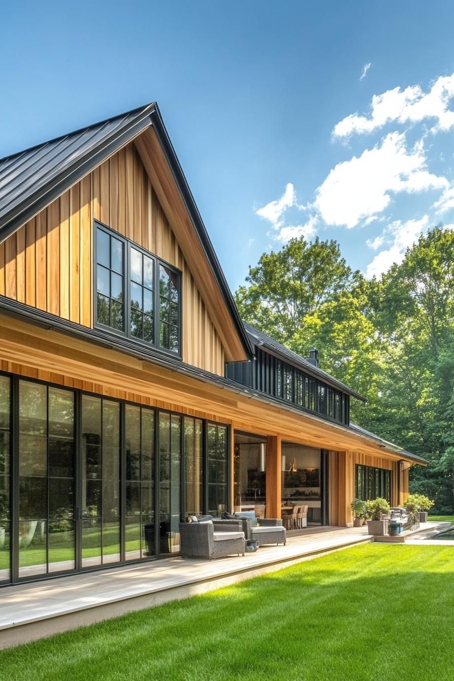 Contemporary long house with wooden and glass facade