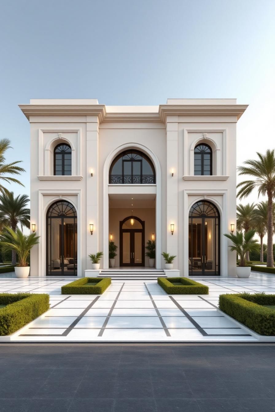 Elegant facade with arches and palm trees