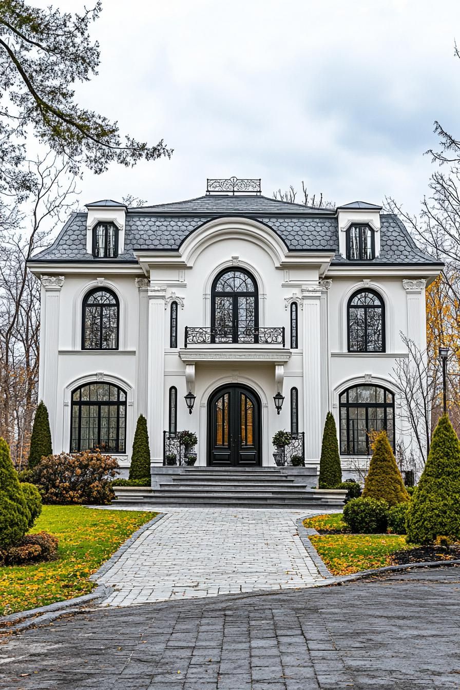 Elegant white house with black arched windows and lush landscaping