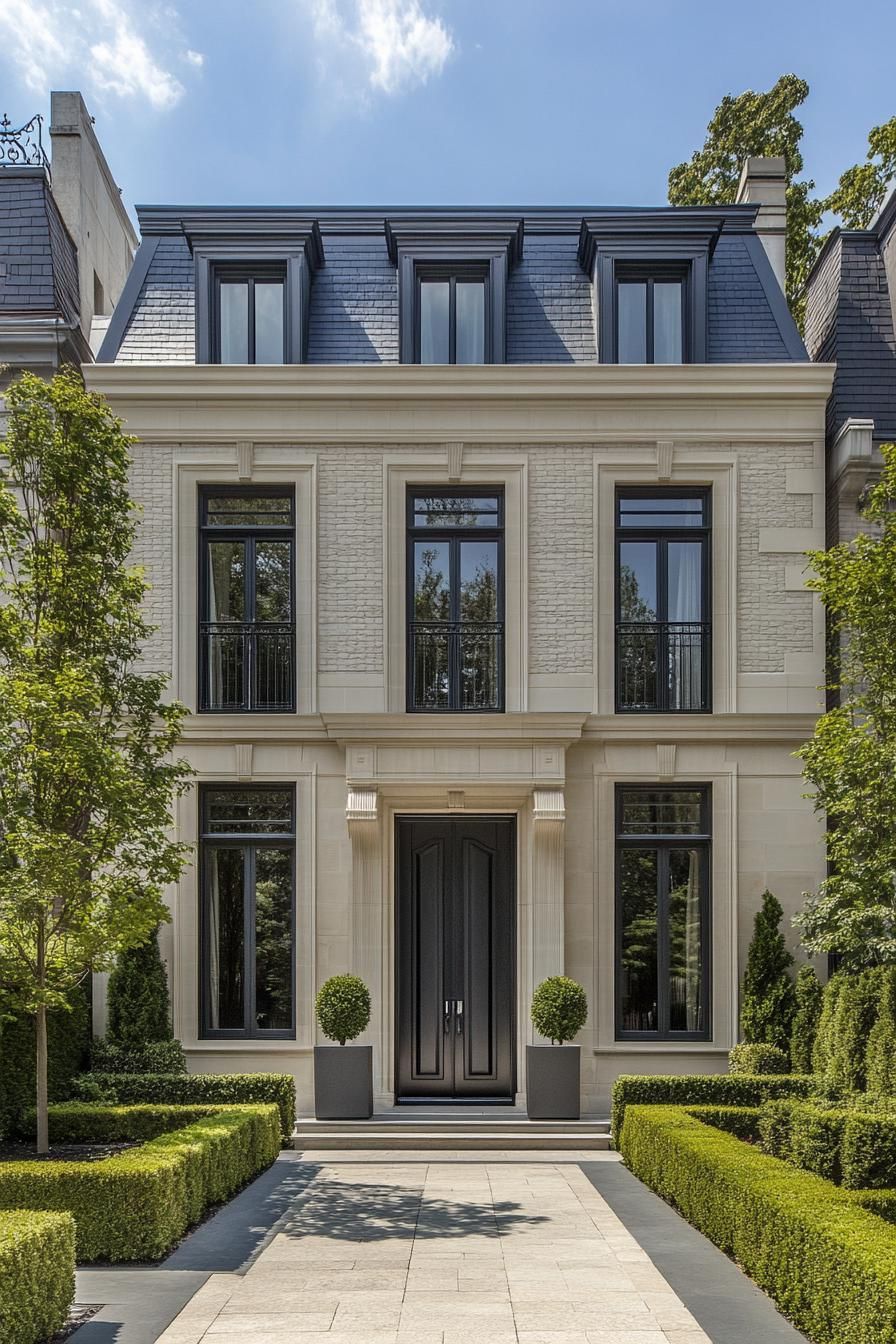 Elegant townhouse with symmetrical design and lush greenery