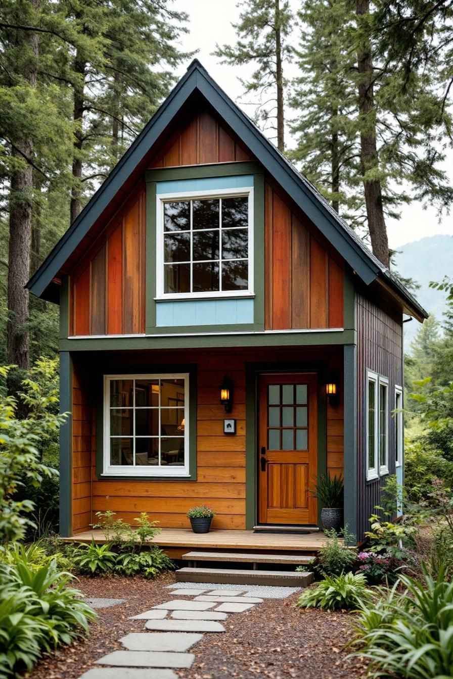 Charming small wooden house surrounded by trees