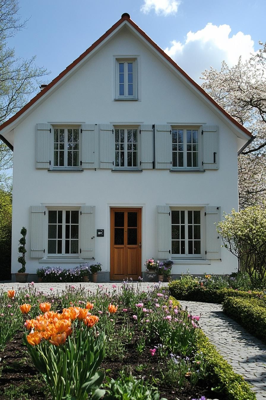 countryside two story house painted white modern shutter windows modern doors front garden with blooming flowers 2