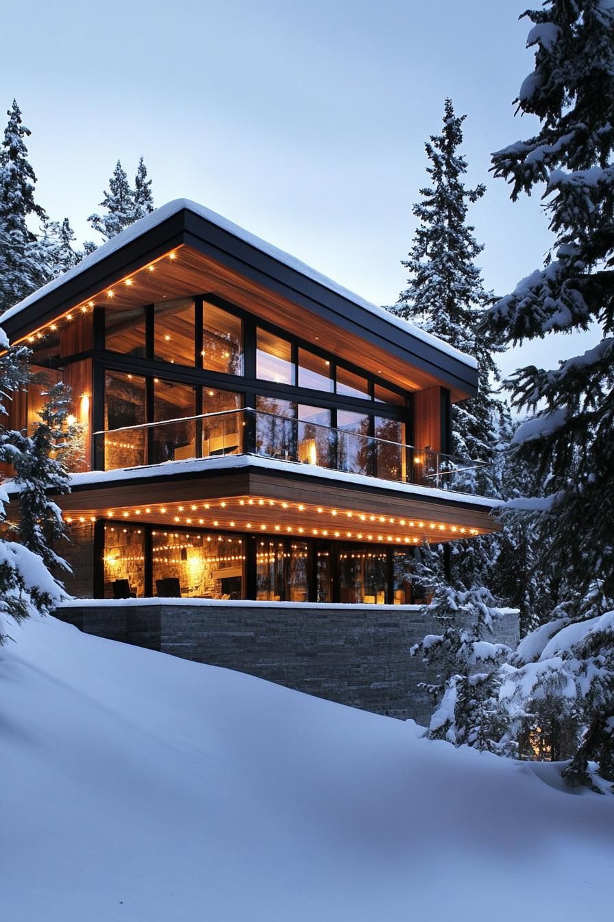 Modern cabin with large glass windows and snow-covered surroundings