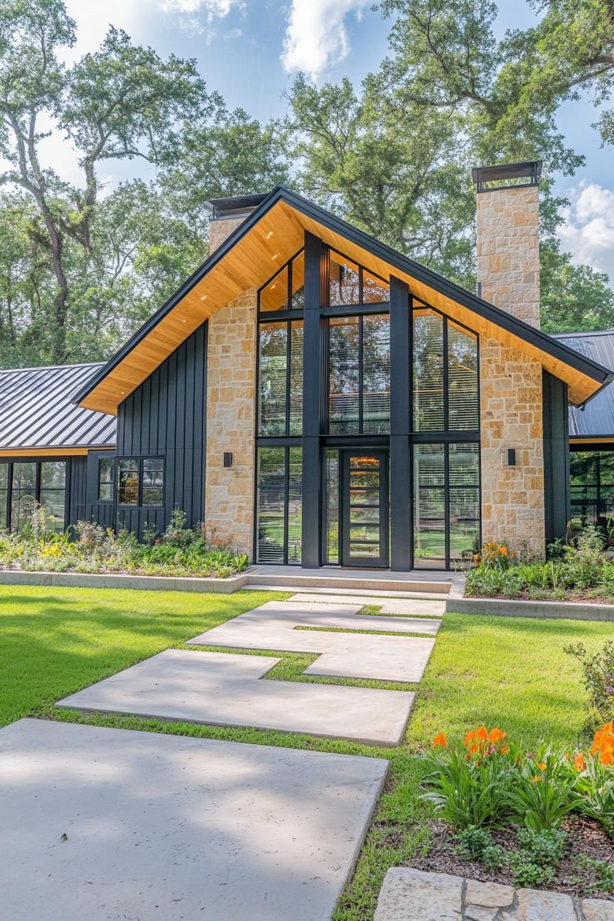 Modern barndominium with glass facade and stone accents