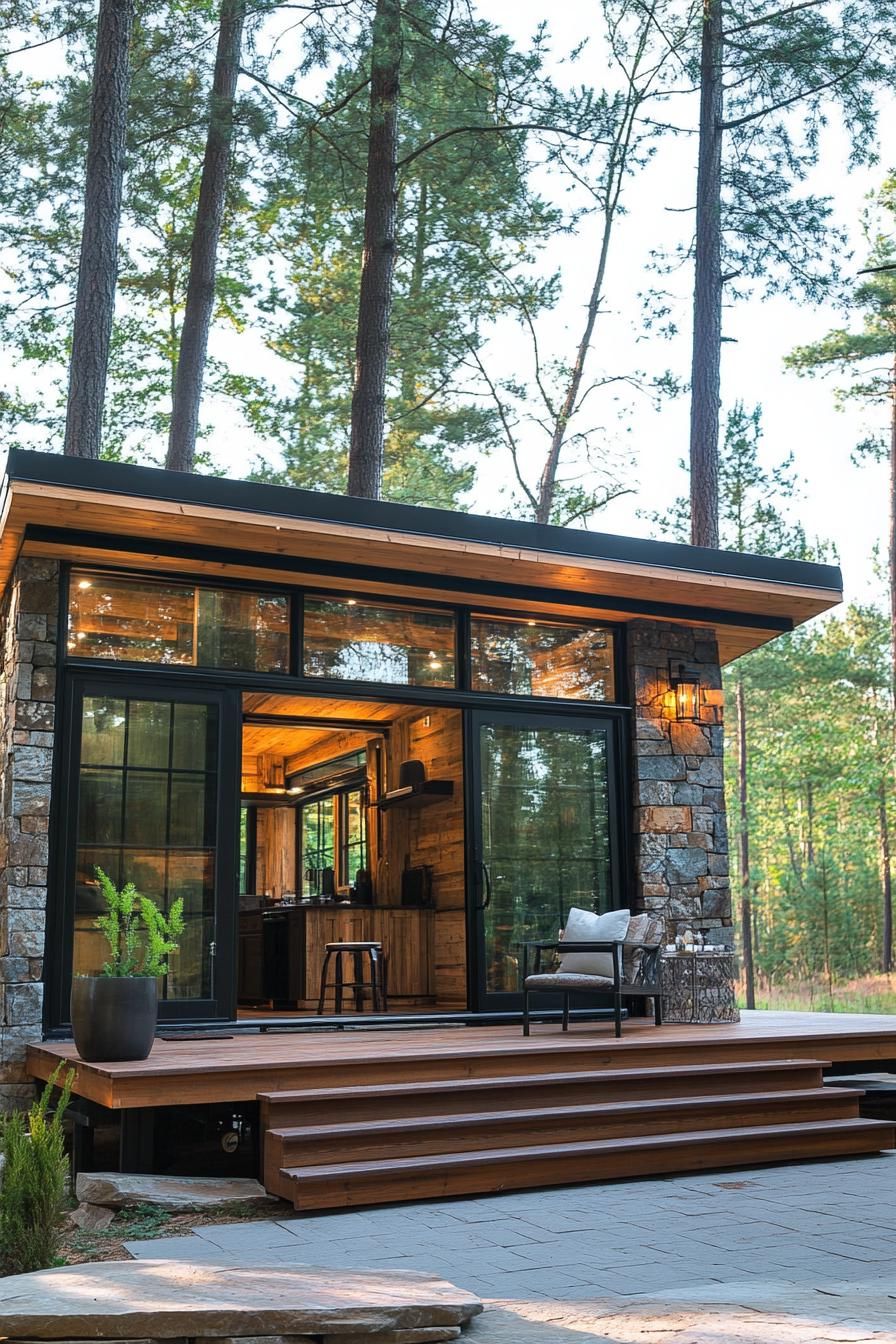 luxury tiny lodge stone siding exposed rustic beams sliding doors outdoor patio connected with indoors front deck with steps tall pines in the 3